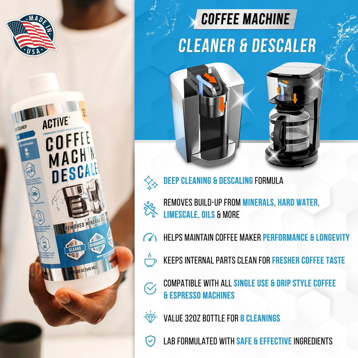 Active Coffee Machine Cleaner and Descaler Solution, 32 fl oz, (Keurig, Nespresso, Ninja, Espresso)