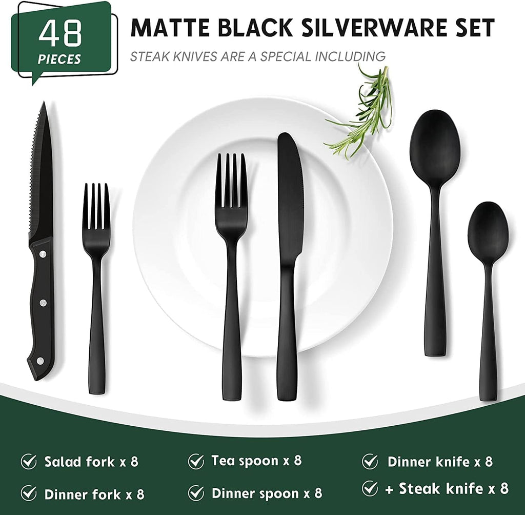 Black Flatware Set, AOKIWO 48-Piece 18/8 Stainless Steel Tableware Silverware with Steak Knives for Kitchen Restaurant, Mirror Polished ,Dishwasher