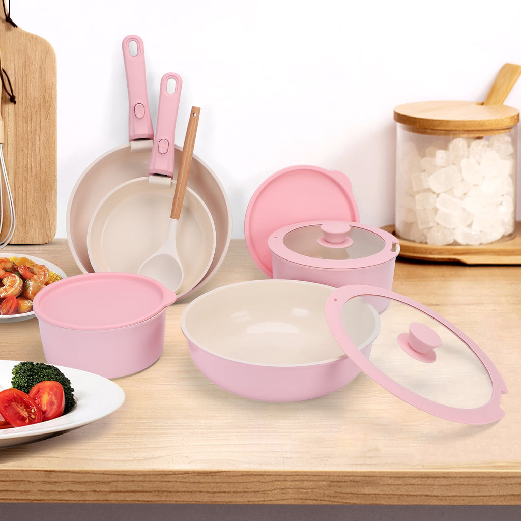 17 Piece Ceramic Pots and Pans Set Non Stick, Cookware Set with Detachable Handle, Oven Safe, Induction Ready, Stackable RV Kitchen Cooking Set Removable Handles, Cream White
