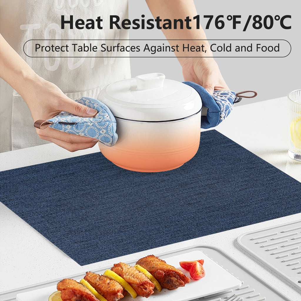 VCVCOO Navy Blue Placemats Set of 4 - Easy Clean Washable PVC Vinyl Placemats - Wipeable Heat Resistant Woven Table Mats for Dining Table - 12x18 inch