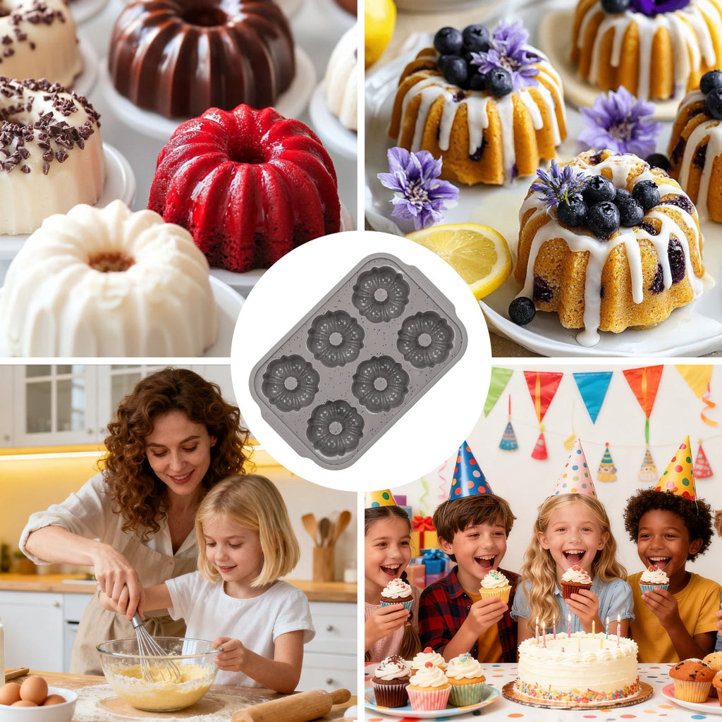 CAKETIME Silicone Mini Fluted Tube Cake Pans for Baking with Metal Reinforced Frame, 6-Cavity Mini Flan Molds-1Pcs