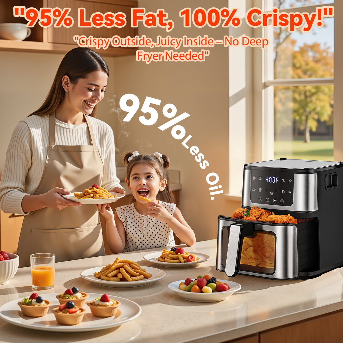 Air Fryer+Grill Plate, 7.5 Quart 8-in-1 Dual Mode Air Fryer with Window, 120-Min Timer, Max 400°F, Auto Shut Off & Nonstick Dishwasher Safe Basket, Touchscreen Controls, Easy Meals, Black