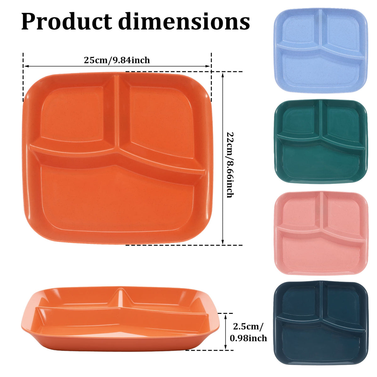 Evjurcn 6Pcs Divided Dinner Plates 3 Compartment Unbreakable Dinner Diet Plates Stackable Portion Control Dish Reusable Divider Plates Microwave Dishwasher Safe for Kids Adults Seniors