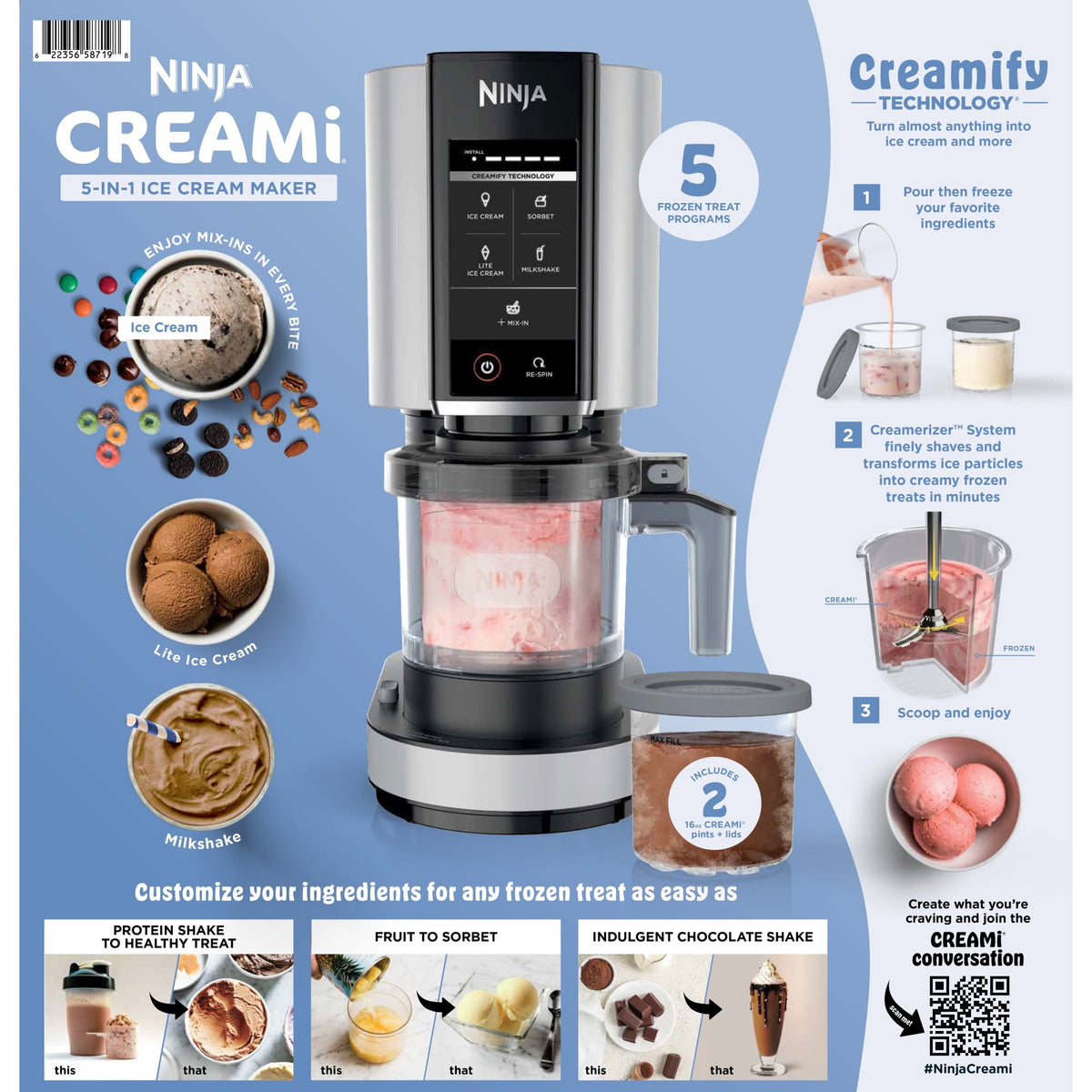 Ninja Creami Ice Cream Maker, for Mix-ins, Milkshakes, Sorbet, 5 One-Touch Programs, (2) 16 Oz Pint Containers & Lids, NC350 White