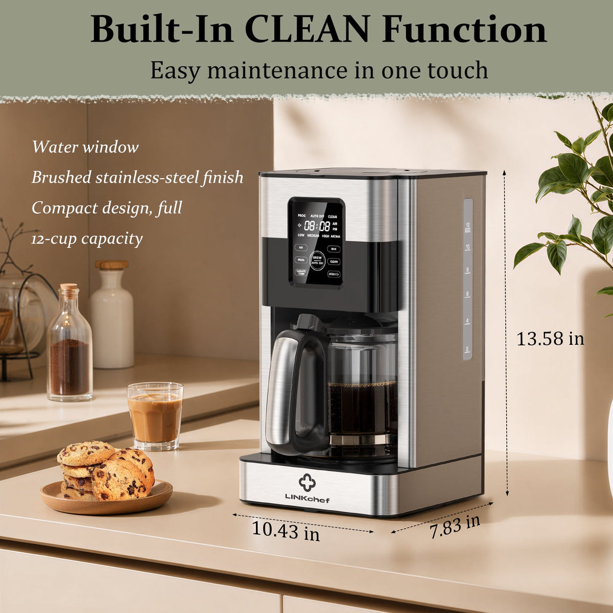 LINKChef Drip Coffee Maker 12 Cup Programmable Drip with Glass Carafe, 12-Hour Auto Brew Timer, Keep Warm Plate, Easy Clean Filter Basket