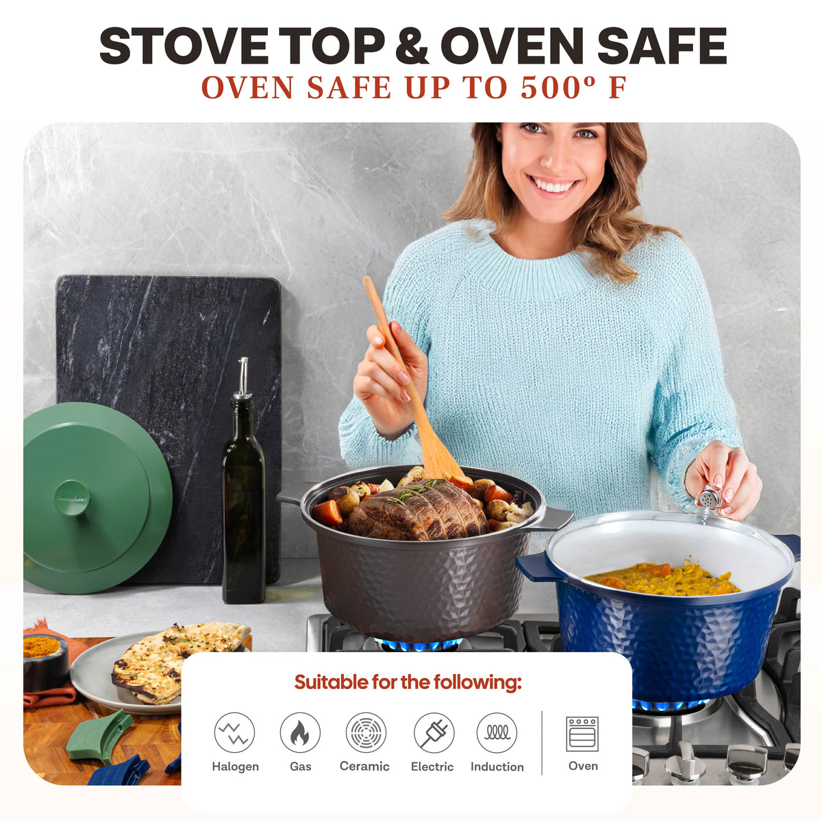 Gotham Steel Ceramic Hammered 5 Qt Lightweight Dutch Oven Pot with Lid & Holders, Oven Safe & Even Heat Retaining Dutch Oven for Bread Baking Sourdough, Soup, 70% Lighter than Cast Iron, Navy