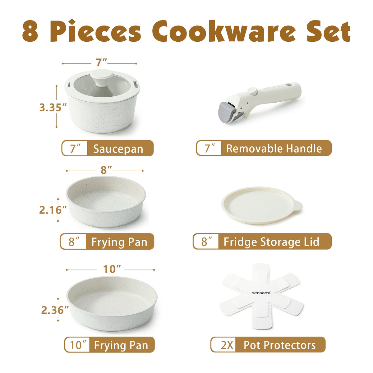 SENSARTE 18-Piece Ceramic Cookware Set with Detachable Handle, Gray Nonstick Pots and Pans Set, Induction Compatible, Dishwasher/Oven Safe, Healthy Cooking Set for RV & Camping