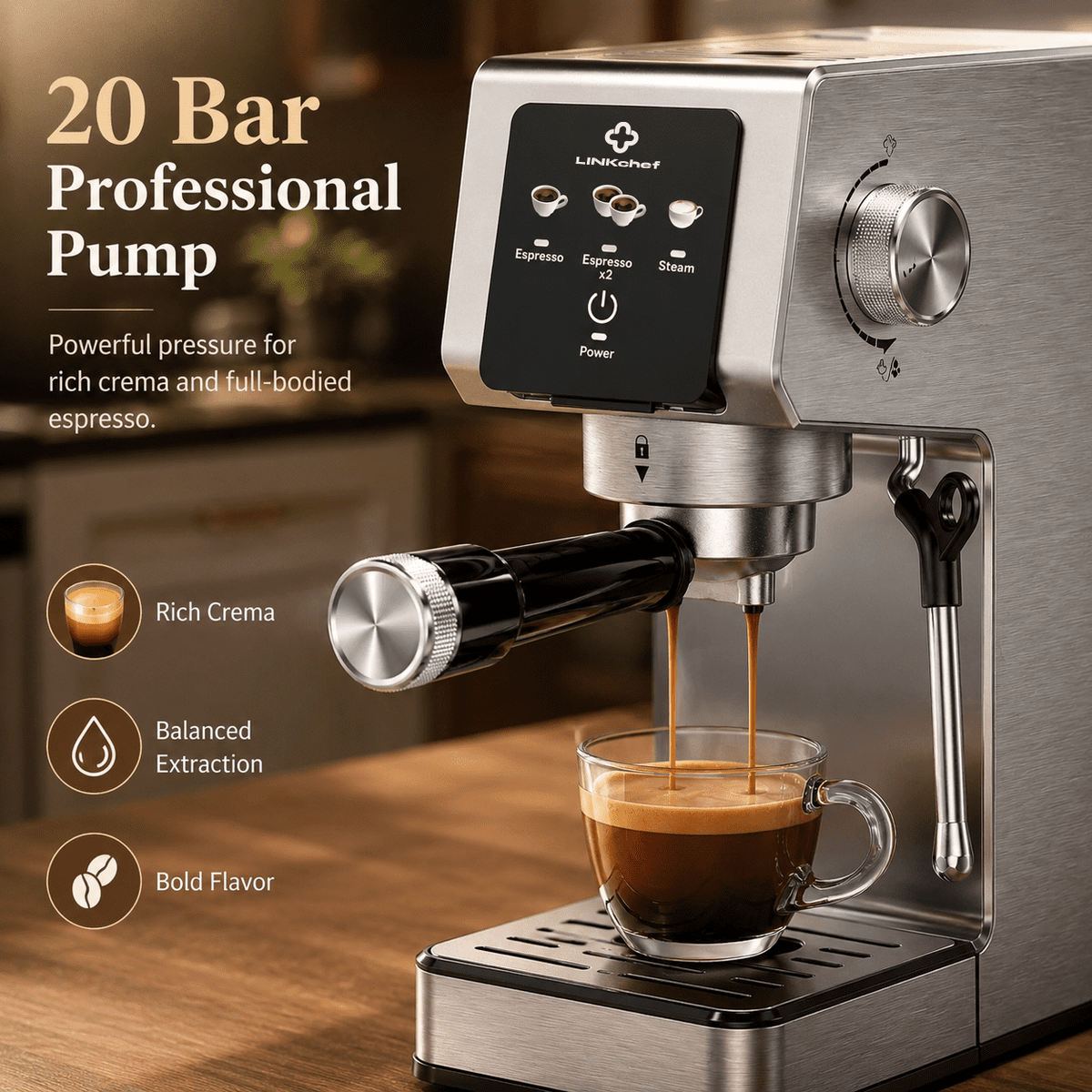 LINKChef 20-Bar Espresso Machine with Automatic Steam Wand, 1300W Professional Espresso Maker, 40 oz Removable Water Tank, Single & Double Shot