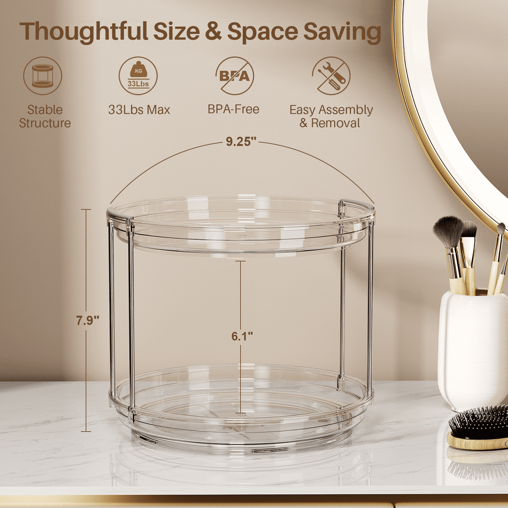 ROSSNY 2 Pack 9.25" 2-Tier Lazy Susan Turntable Organizer Countertop Kitchen Organization and Storage Spice Rack Bathroom Vanity Holder, Clear
