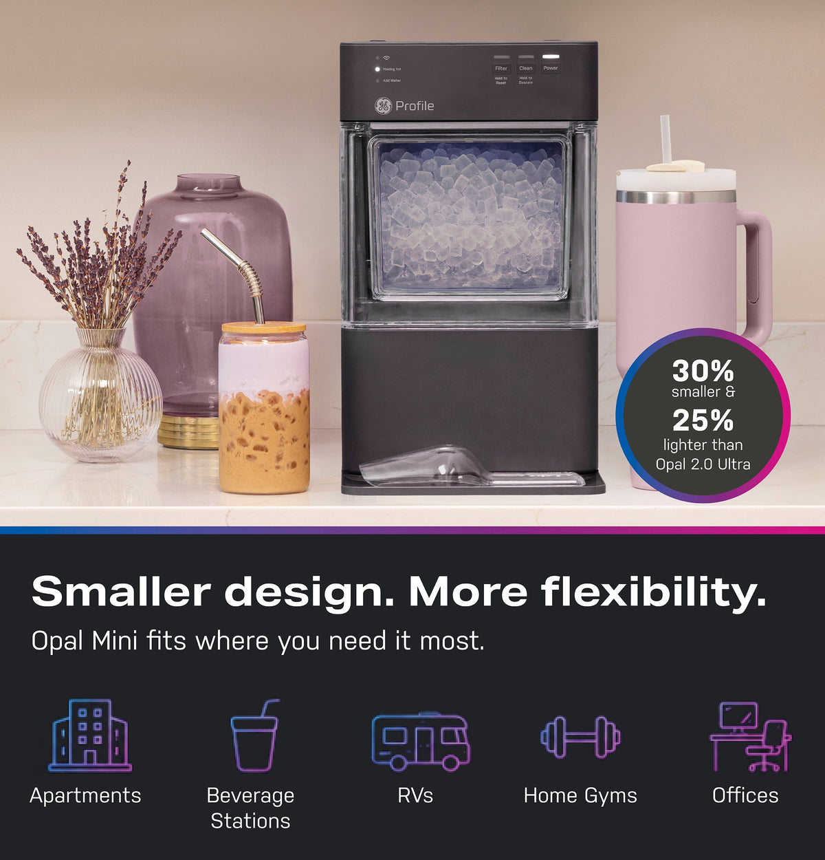 GE Profile Opal Mini Nugget Countertop Ice Maker with Descaler, 36lb Daily Capacity, with WIFI - Charcoal Gray