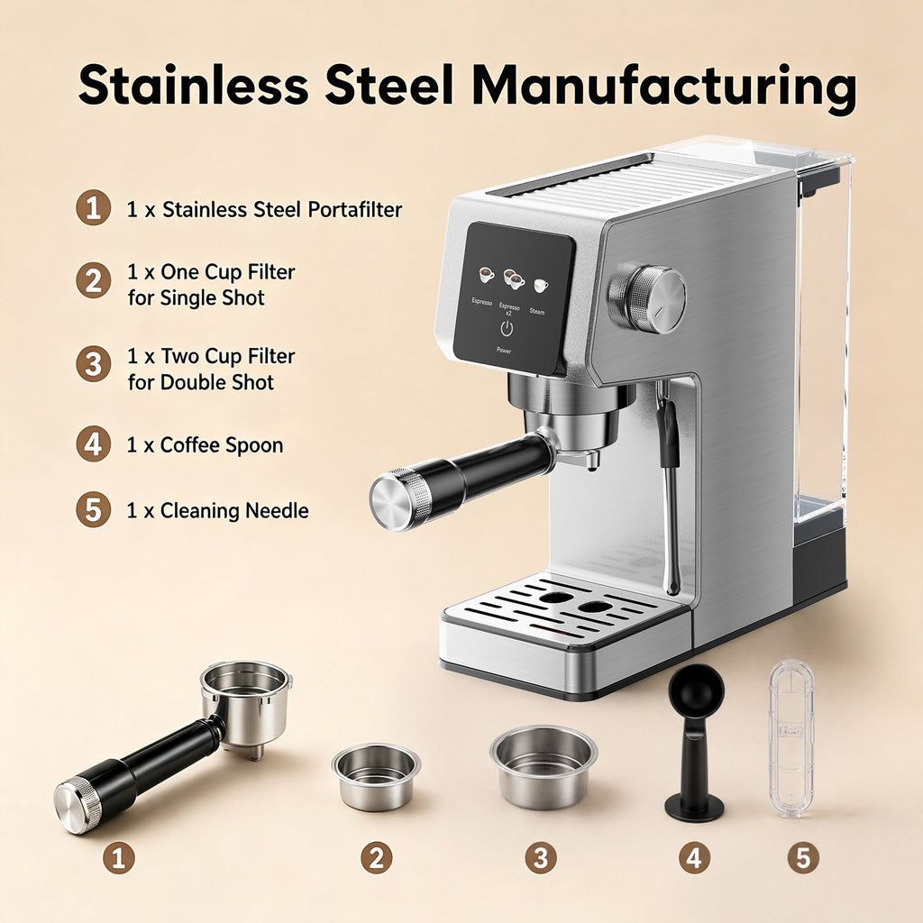 20-Bar Espresso Machine with Rapid Cold Brew, Stainless Steel Coffee Maker, 40oz Removable Water Tank for Cappuccino & Latte, Silver