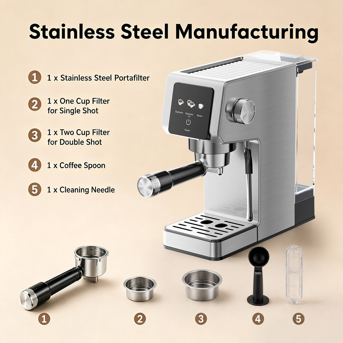 20-Bar Espresso Machine with Rapid Cold Brew, Stainless Steel Coffee Maker, 40oz Removable Water Tank for Cappuccino & Latte, Silver
