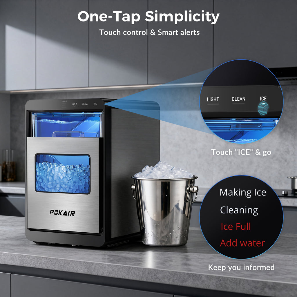 POKAIR Nugget Ice Maker Countertop, Sonic-Style Chewable Pebble Ice in 9 Min, 44 lbs/Day, Touch Screen, Self-Cleaning, ETL, Brushed Stainless Steel