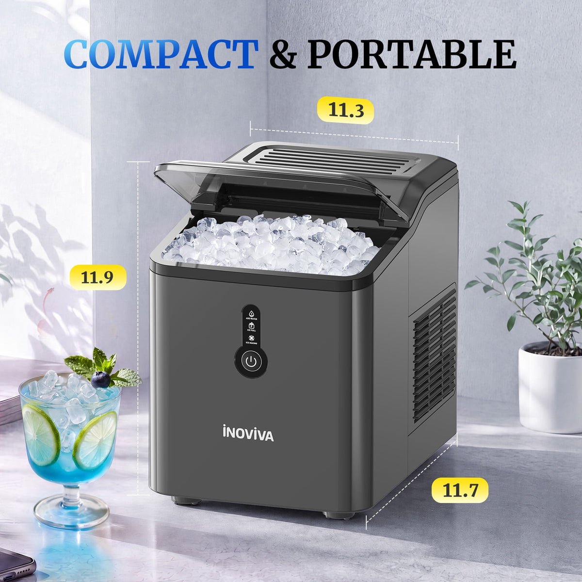 Inoviva Countertop Nugget Ice Maker, 26.5LBS/Day, Ice Ready in 6 Mins, One-Click Self-Cleaning for Home, Office & RV