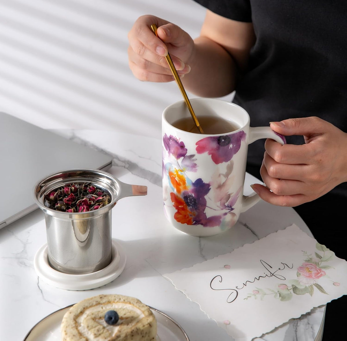 AmorArc Porcelain Tea Mug with Infuser and Lids, 18 Oz Cup Strainer Bag Holder for Loose Leaf Tea, Steeping Coffee Well-wrapped Box House-warming Wedding Birthday Gift, YelloRed