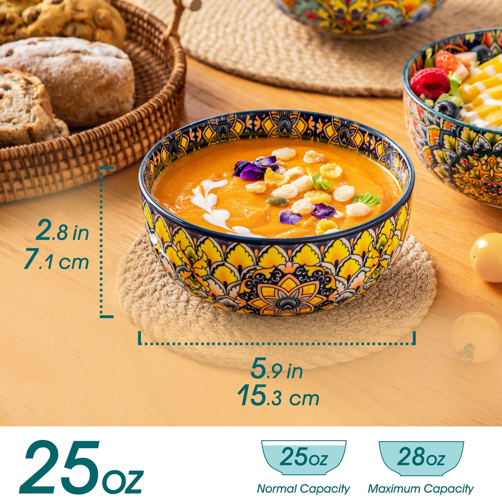 vancasso 6 Pieces Cereal Bowls Set, 28 Oz Deep Soup Bowl, Ceramic salad Bowls Set for Kitchen, Microwave Dishwasher Safe, Bohemian Style, Series LUMI