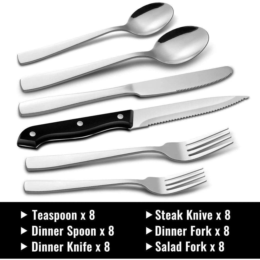 49-Piece Silverware Set with Flatware Drawer Organizer, Durable Stainless Steel Cutlery Set for 8, Mirror Polished Kitchen Utensils Tableware Service with Steak Knives Dinner Fork Knife Spoon & Tray