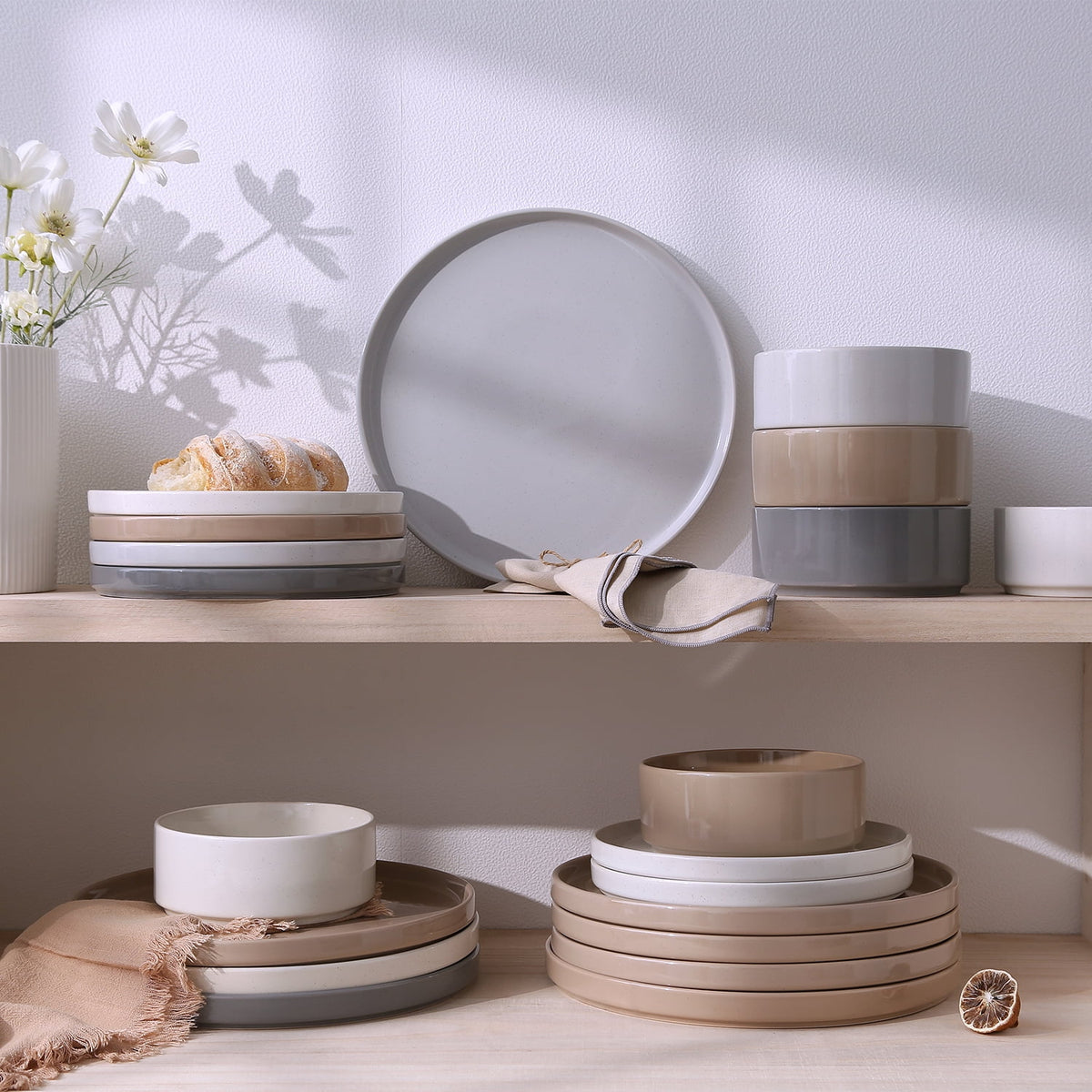 Famiware 12-Piece Stoneware Dinnerware Set with Plates & Bowls for 4, White
