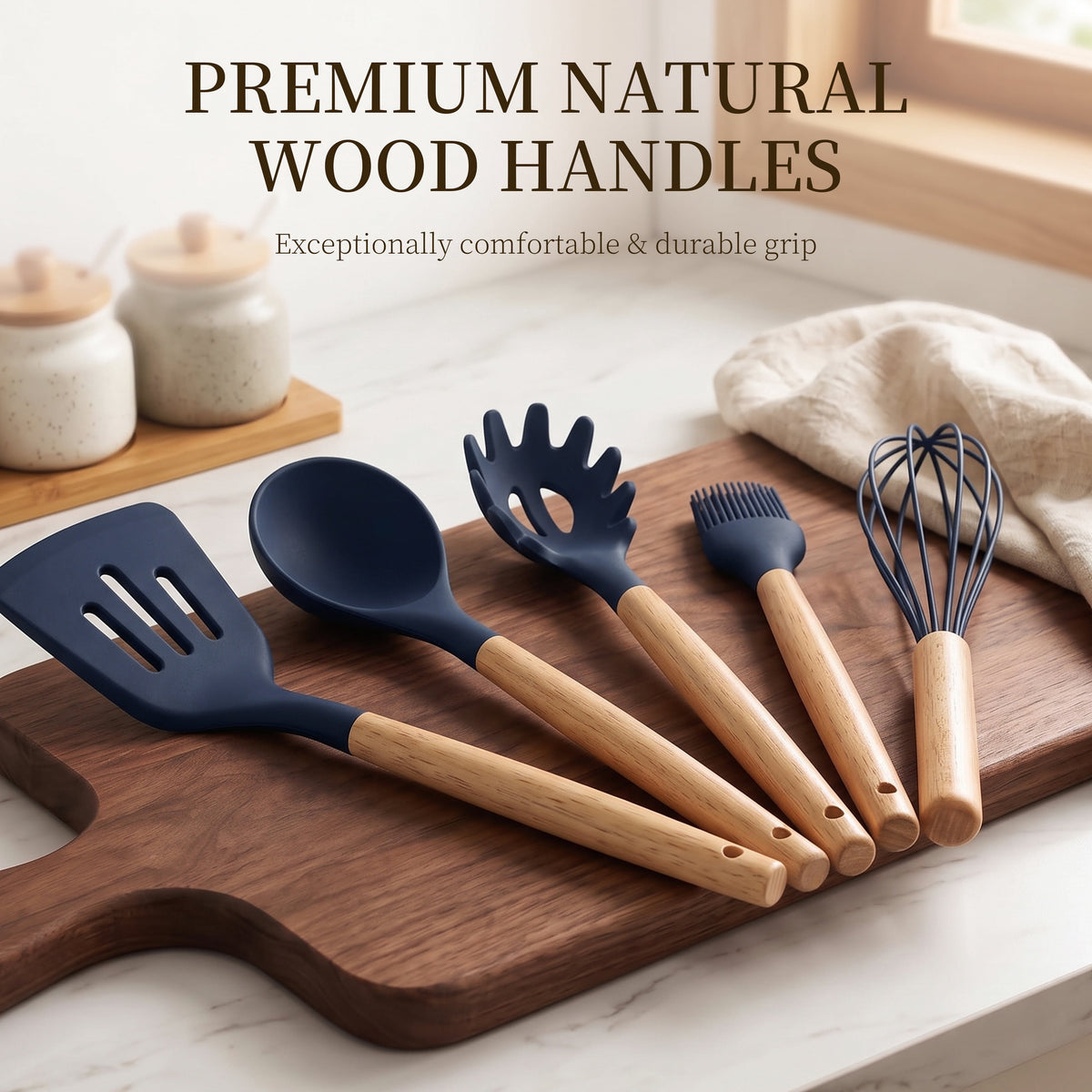 Silicone Cooking Utensils Set - Silicone Kitchen Utensils for Cooking Wooden Handles, 446°F Heat Resistant Kitchen Utensil Spatula Sets w Holder, Gadgets for Non-Stick Cookware BPA FREE (Black)