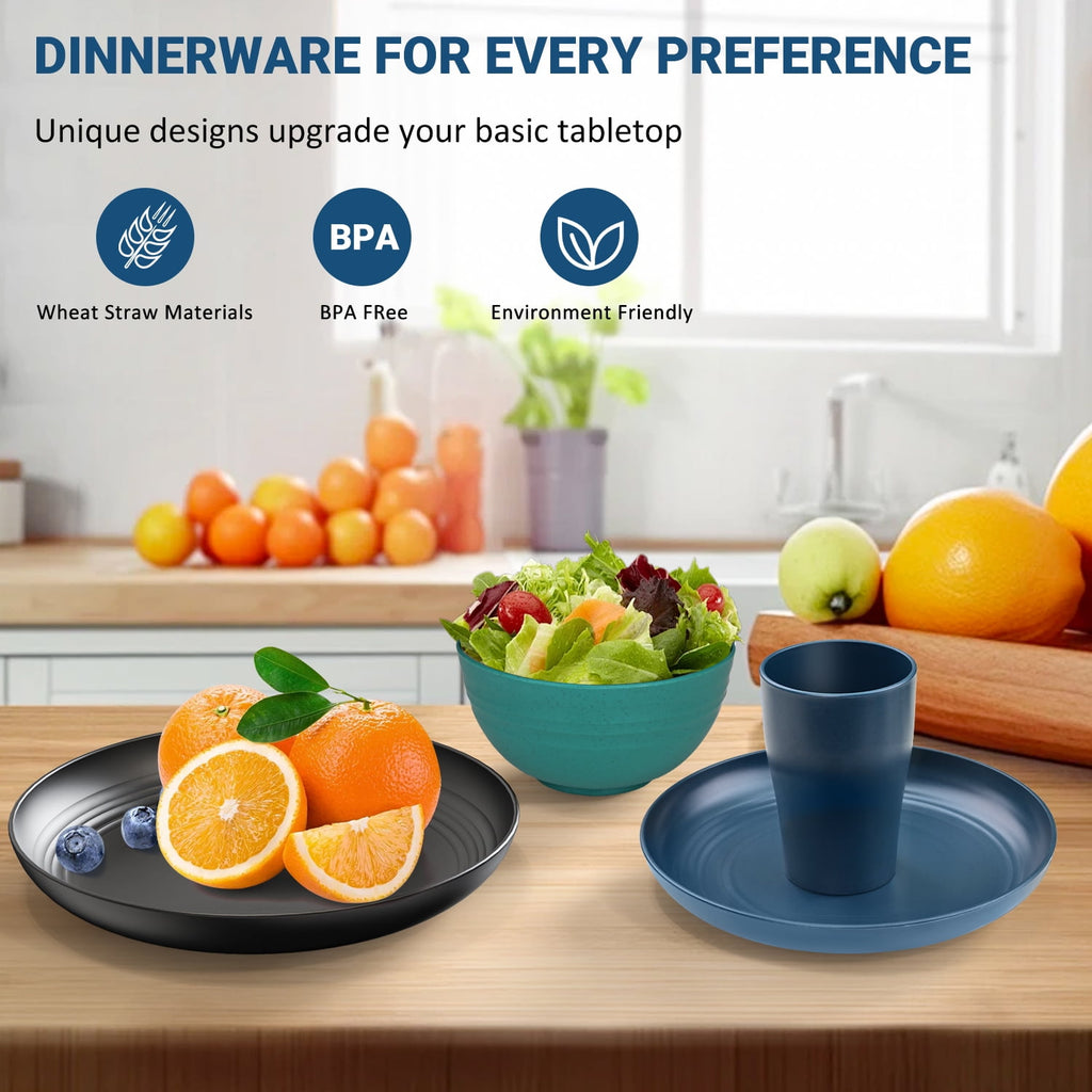 TINANA Wheat Straw Dinnerware Sets, Service for 8, 32 PCS Unbreakable Dinnerware,Microwave Dishwasher Safe - Black