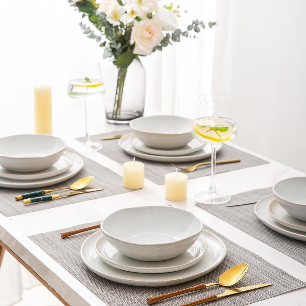 AmorArc Ceramic Dinner Plates Set of 6,10.5 Inch Handmade Reactive Glaze Stoneware Plates,Large Rustic Shape Dinnerware Dish Set for Kitchen, Microwave & Dishwasher Safe,Scratch Resistant-Pearl White