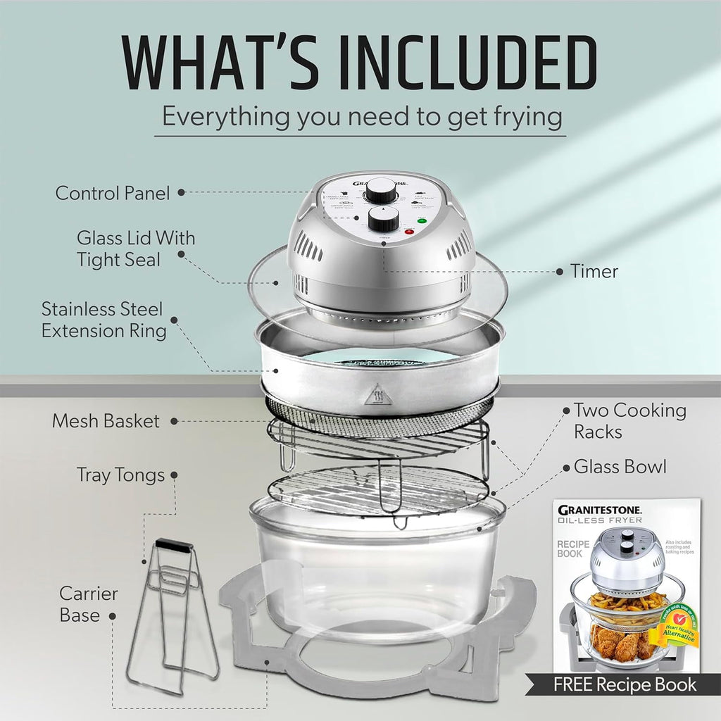 Granitestone 16Qt Large Glass Air Fryer Non Toxic – Family Sized Airfryer Cooker with 3 Cooking Levels, Stainless Steel Racks, Chicken, No Preheat, Self Cleaning, Dishwasher Safe, White