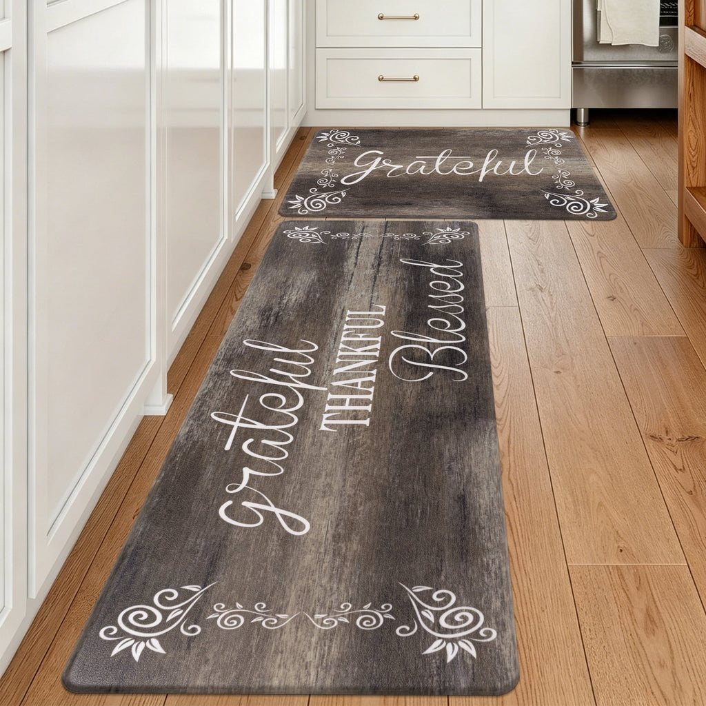 MeyJey Farmhouse Kitchen Rug Set of 2, Non-Slip Anti-Fatigue Waterproof Cushioned Mat for Kitchen, Dining & Laundry Room, 18"x30"+18"x48" Teal/Brown