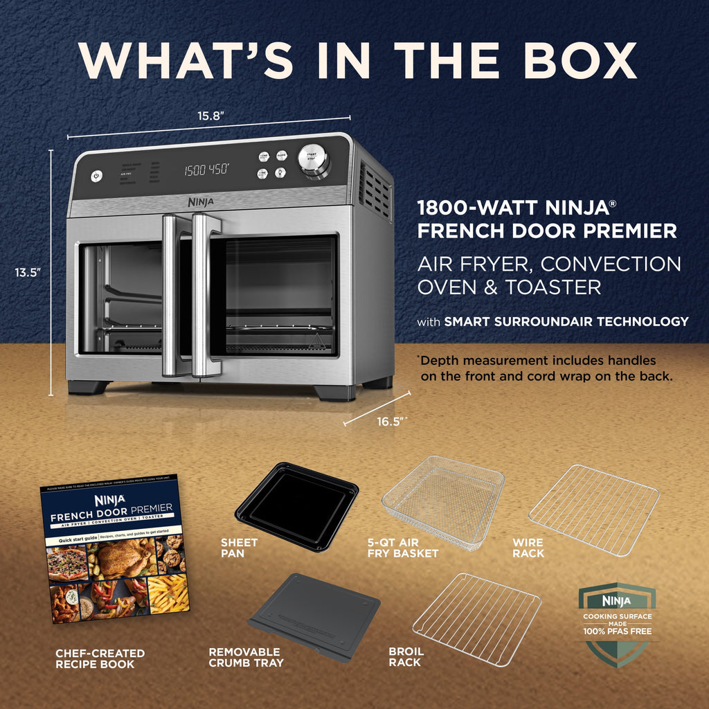 Ninja French Door 8-in-1 Countertop Oven, with Smart Surroundair Technology and Air Fry Function, Dishwasher Safe, 6 Pieces, FO100 Silver