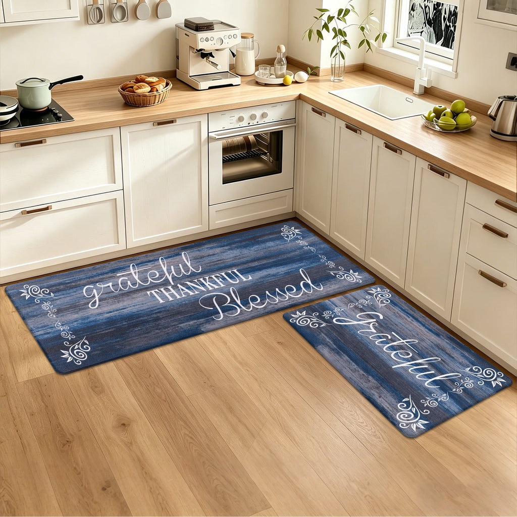 MeyJey Farmhouse Kitchen Rug Set of 2, Non-Slip Anti-Fatigue Waterproof Cushioned Mat for Kitchen, Dining & Laundry Room, 18"x30"+18"x48" Teal/Brown