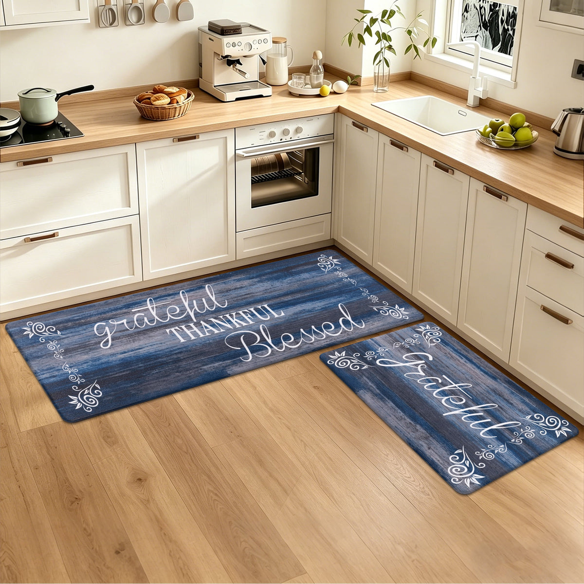 MeyJey Farmhouse Kitchen Rug Set of 2, Non-Slip Anti-Fatigue Waterproof Cushioned Mat for Kitchen, Dining & Laundry Room, 18"x30"+18"x48" Teal/Brown