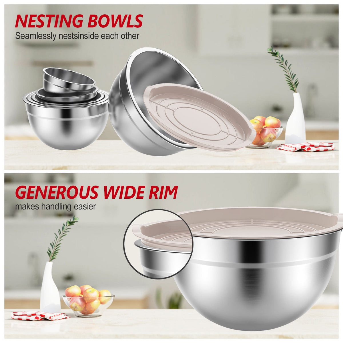 Stainless Steel Mixing Bowls Set, TINANA 6 Pack Mixing Bowls with Lids, Metal Nesting Storage Bowls for Kitchen, 4.5/3/2.5/2/1.5/0.75QT, Great for Prep, Baking, Serving, Multicolor