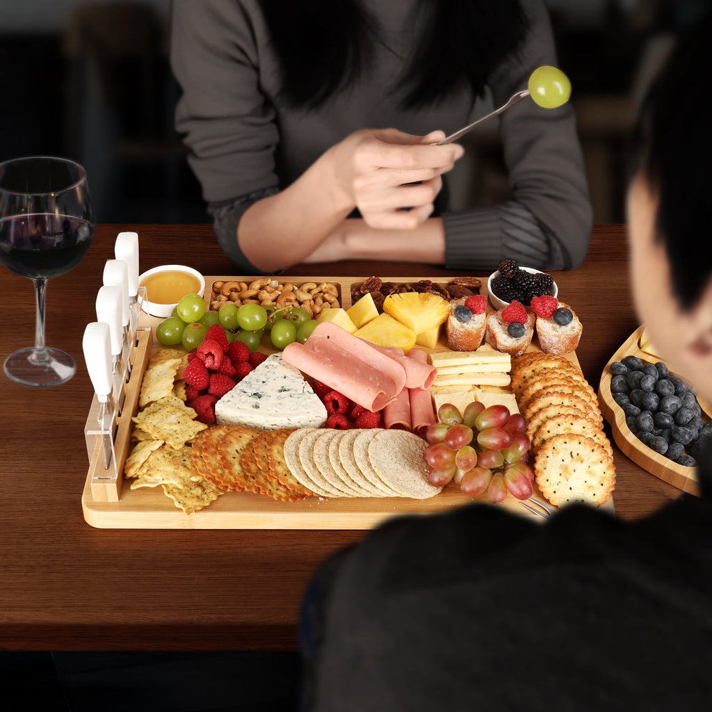 Hecef Bamboo Cheese Board and Knife Set, 13-Piece Large Charcuterie Serving Tray, 17 in