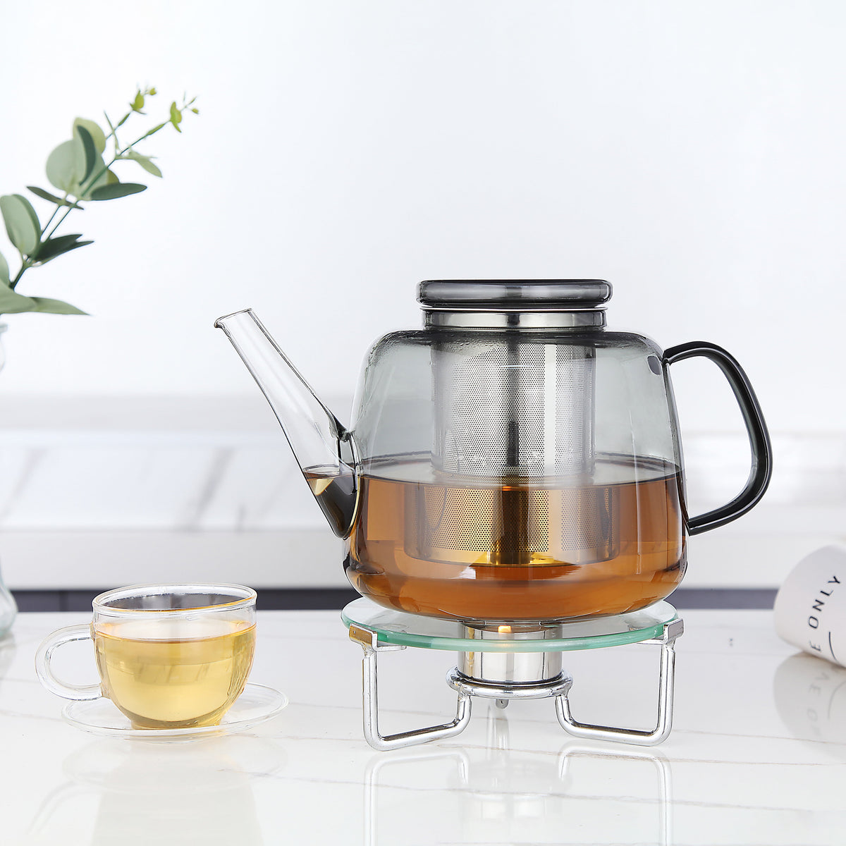 Easyworkz Borosilicate Glass Teapot 50oz with Large Stainless Steel Removable Loose Tea Infuser for Fruit Herbal and Infusion, Smoke Grey
