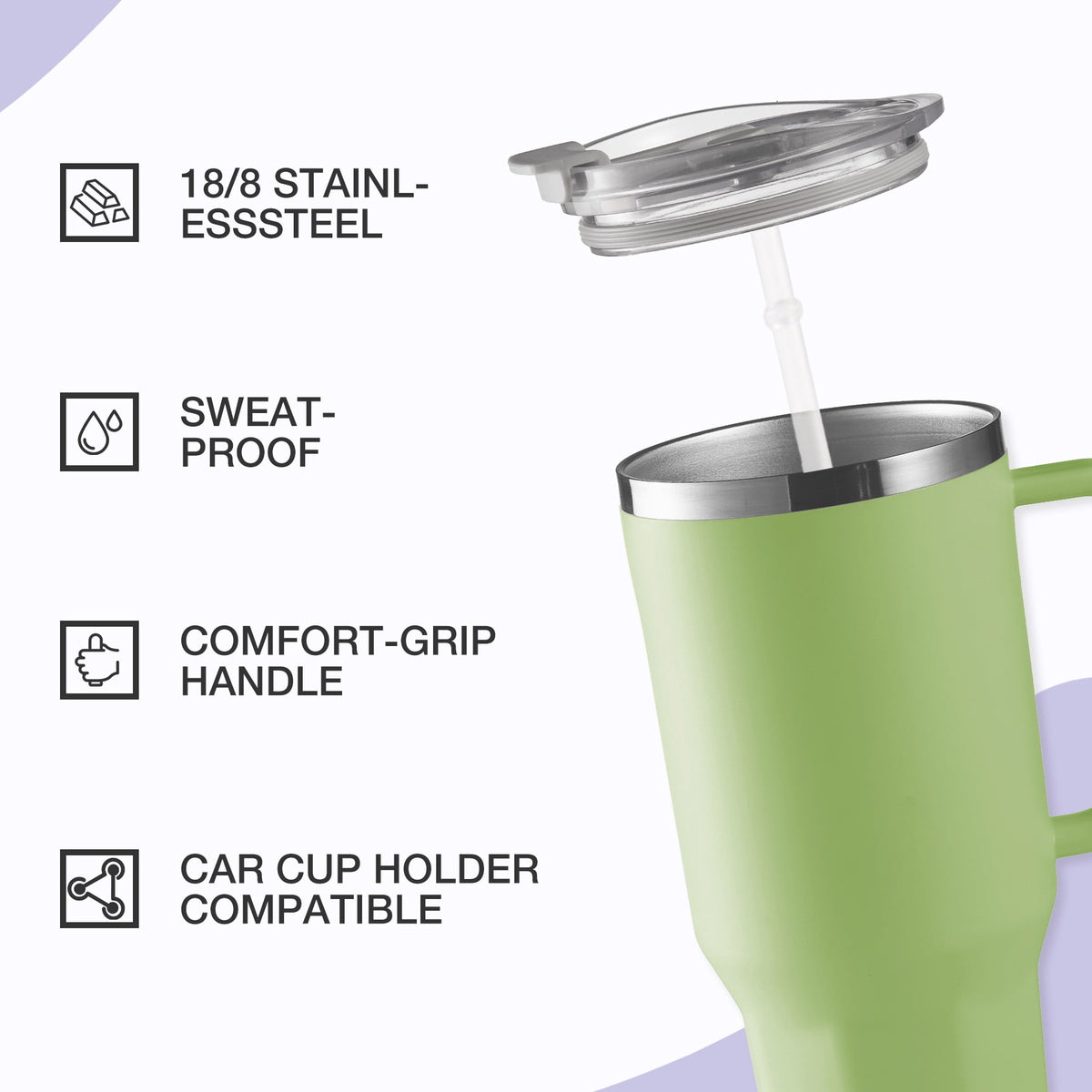 HONGBAKE 40 oz Tumbler with Handle and Straw Lid, Insulated Stainless Steel Tumbler, Travel Mug Fits Cup Holder, Dusty Lavender