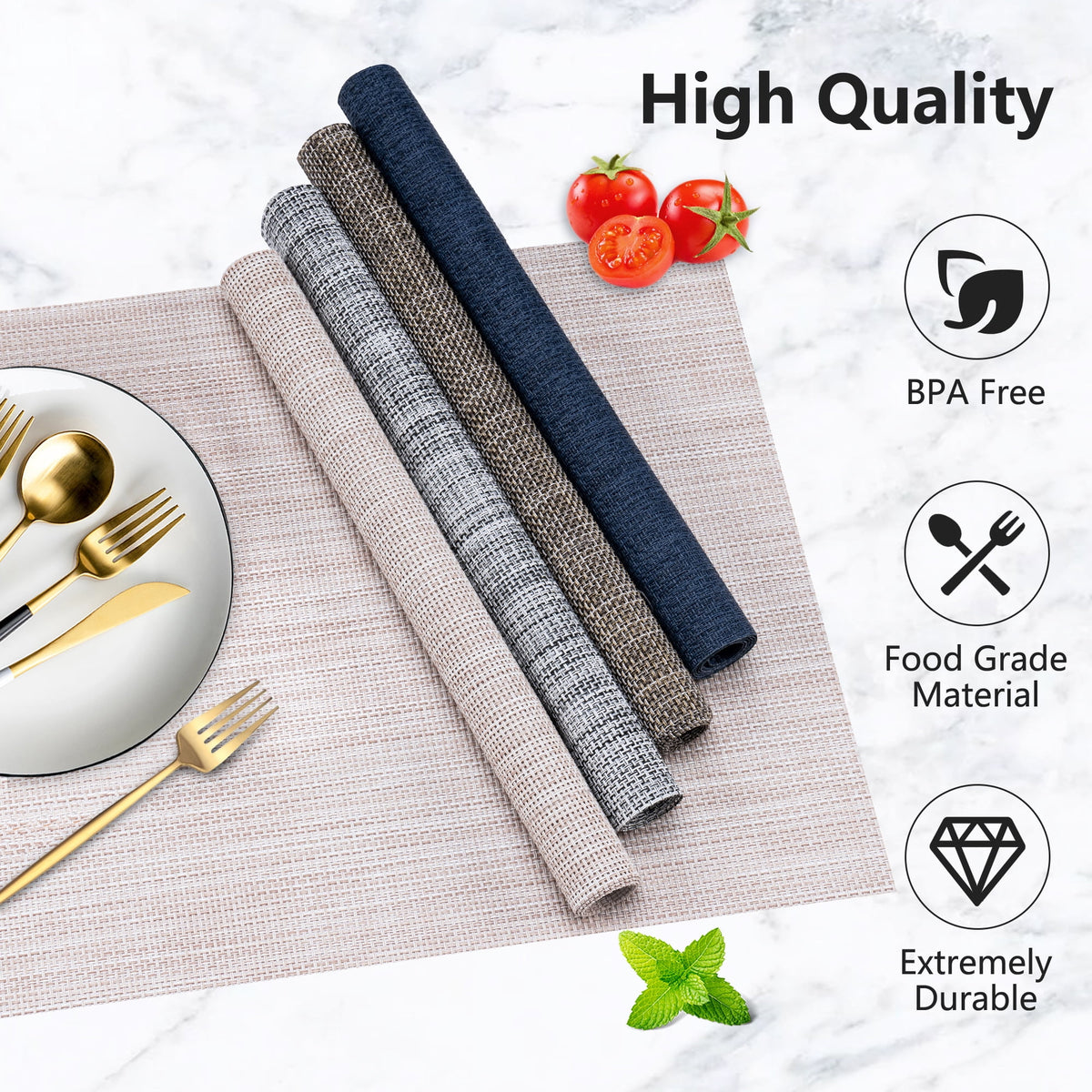 VCVCOO Navy Blue Placemats Set of 4 - Easy Clean Washable PVC Vinyl Placemats - Wipeable Heat Resistant Woven Table Mats for Dining Table - 12x18 inch