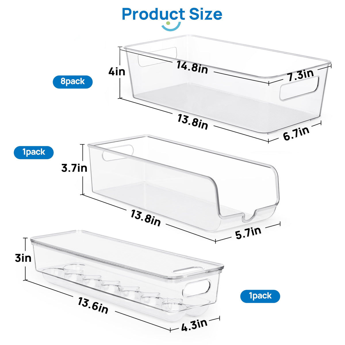 Sindcom Set of 10 Fridge Organizer, Refrigerator Organizing Bins with Handles, BPA-Free Clear Plastic Fridge Storage Containers