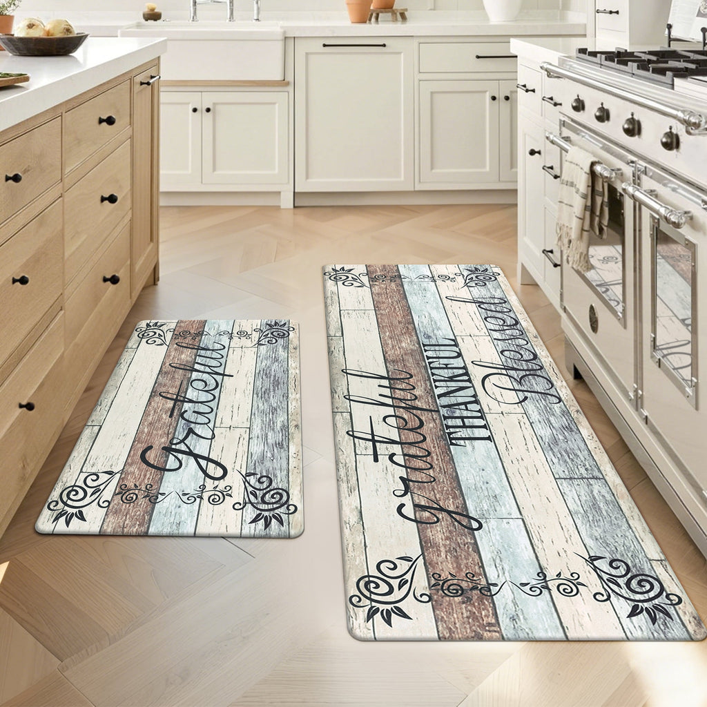 MeyJey Farmhouse Kitchen Rug Set of 2, Non-Slip Anti-Fatigue Waterproof Cushioned Mat for Kitchen, Dining & Laundry Room, 18"x30"+18"x48" Teal/Brown