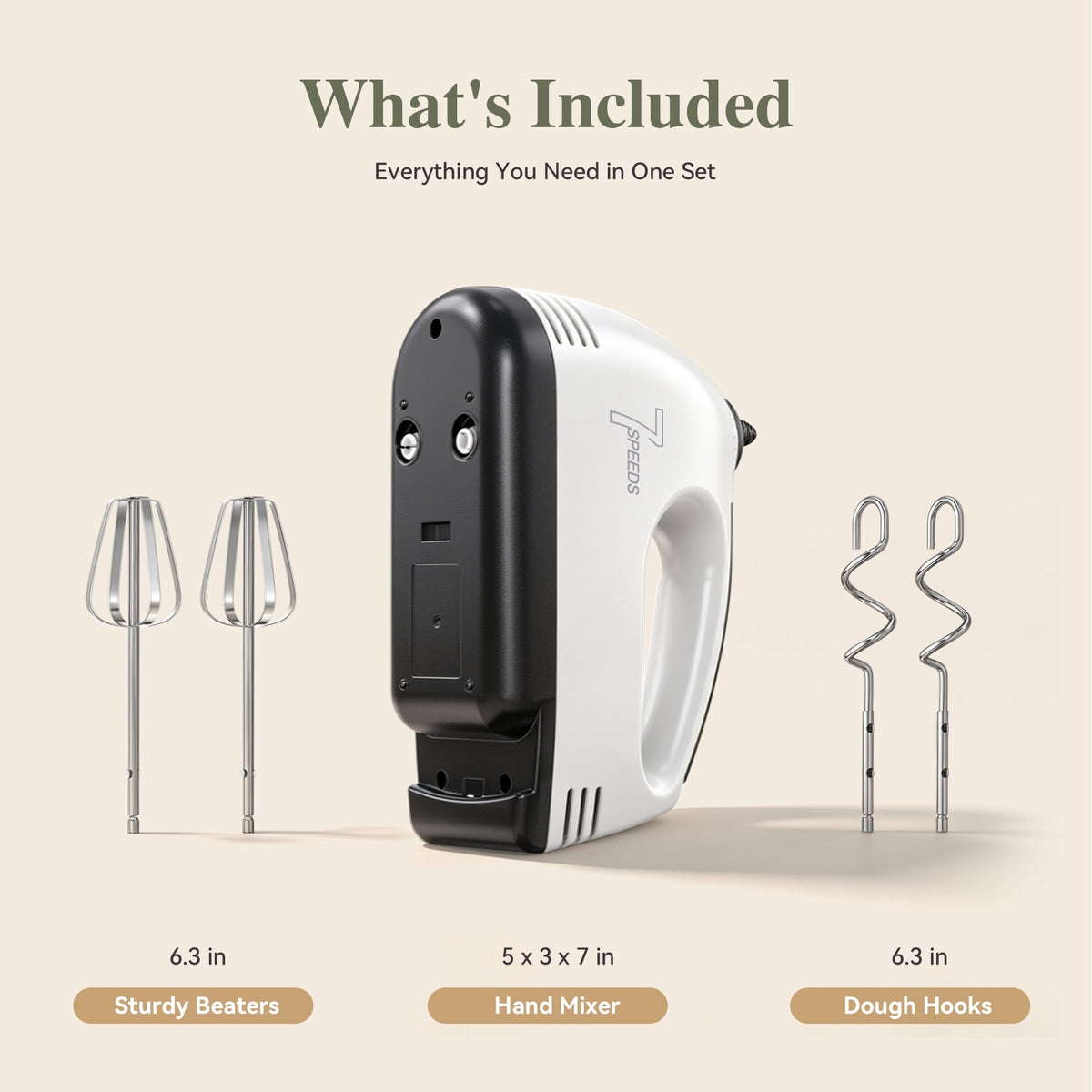 TINANA 7-Speed Electric Hand Mixer with 2 Beaters & 2 Dough Hooks, Eject Button, Ergonomic Grip, Compact White Kitchen Mixer