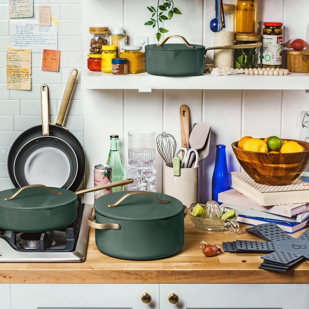 Beautiful 12-Piece Cookware Set, Pots and Pans with Strainer Lids and EverGood Ceramic Nonstick Coating, White Icing by Drew Barrymore