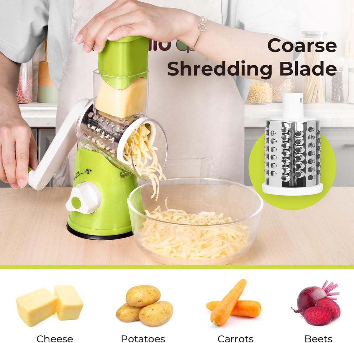 Premium Rotary Cheese Grater, Manual Cheese Grater for Kitchen, Handheld Vegetables Slicer Cheese Shredder with Rubber Suction Base, 3 Stainless Drum Blades Included,Blue