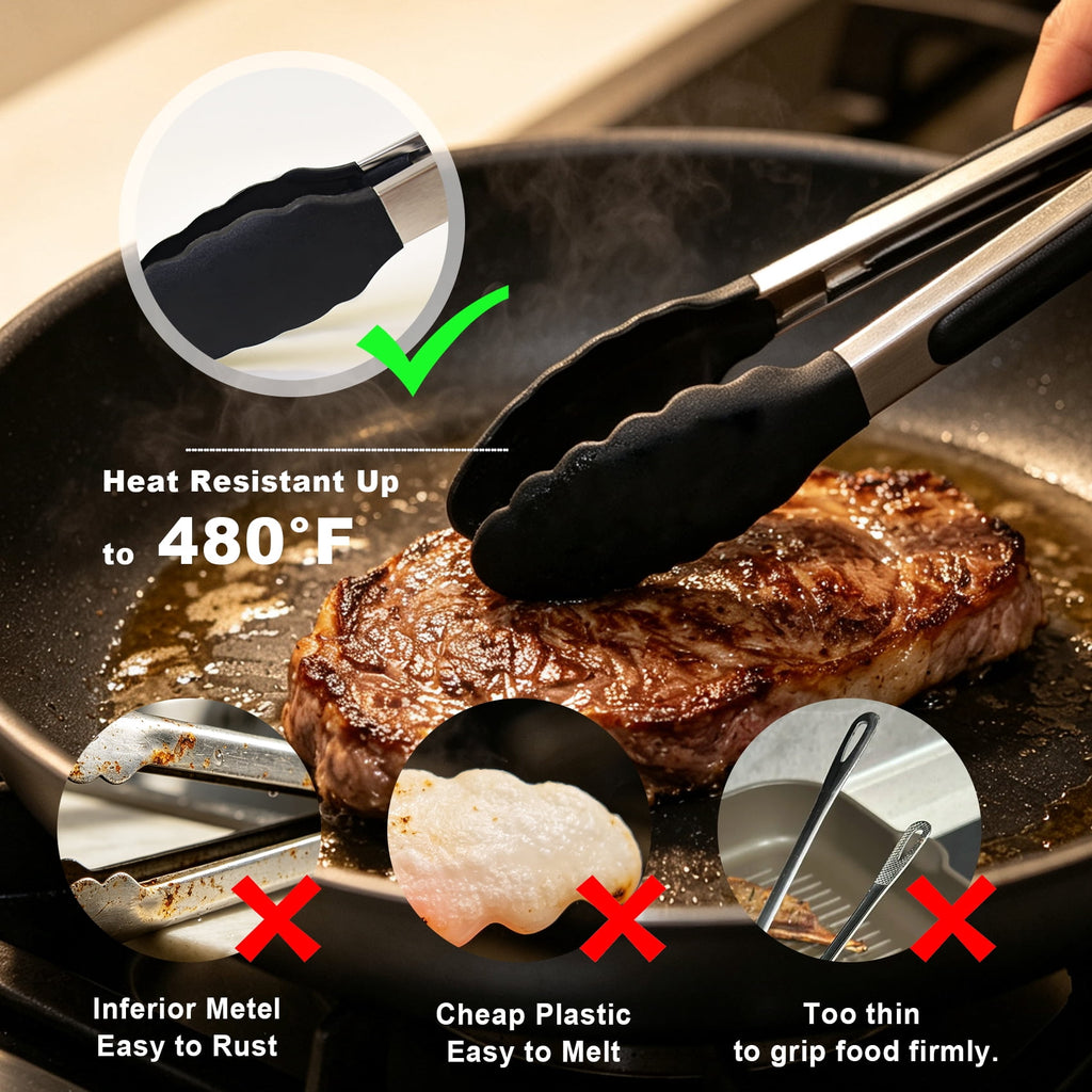 Kitchen Tongs Set, 3 Pcs Heat Resistant Silicone Tipped Cooking Tongs, 7"/9"/12" Stainless Steel Locking Tongs for BBQ, Salad & Grilling