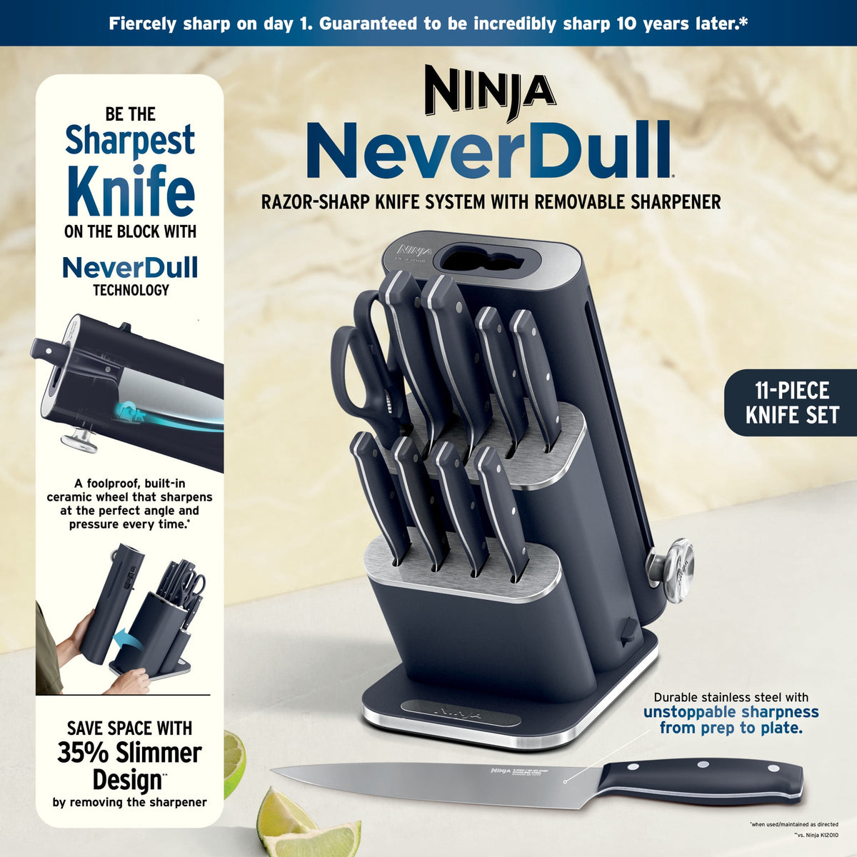 Ninja NeverDull Razor-Sharp 11-Piece Knife System with Removable Sharpener, Laser-Cut Blades, NK12011BL1, Cyberspace