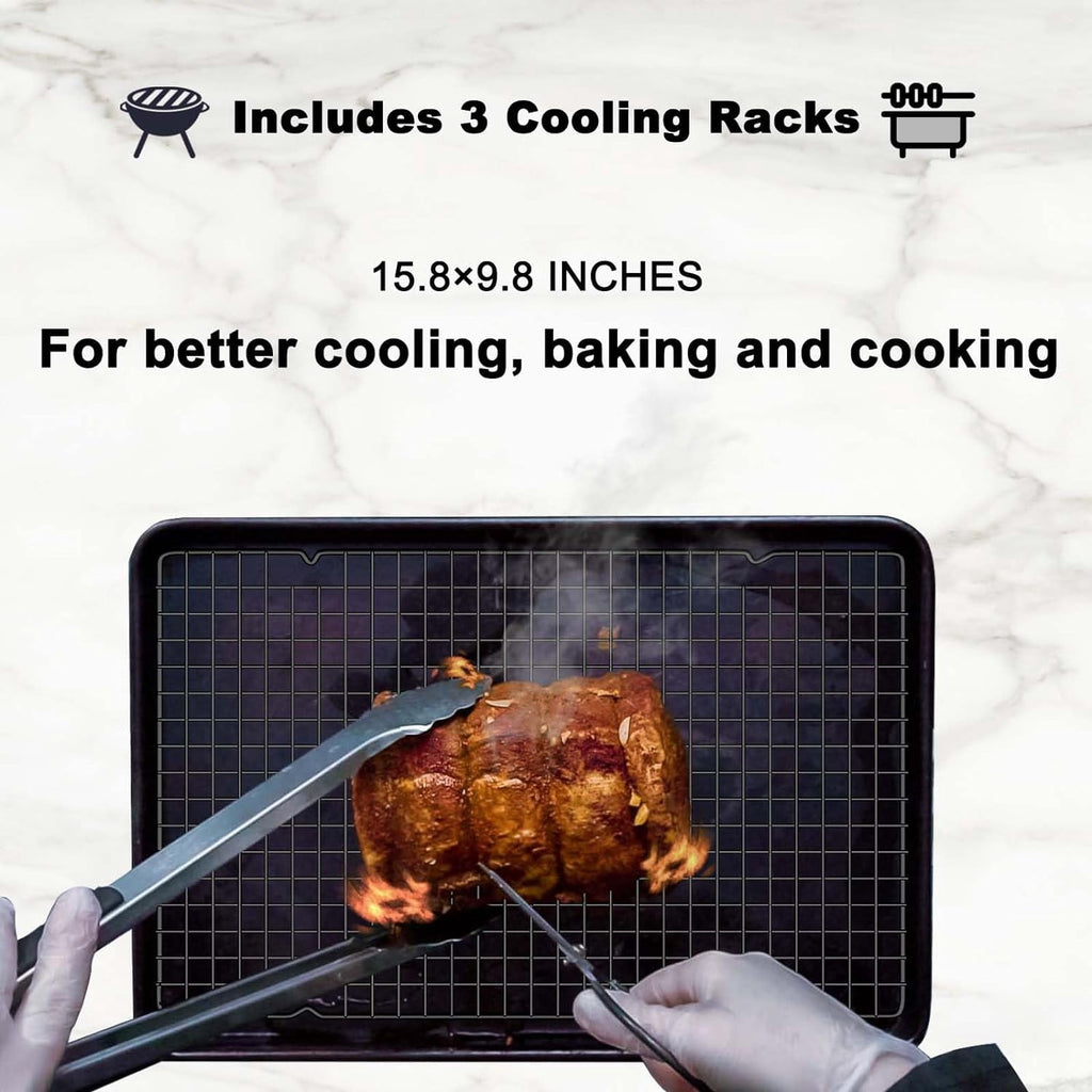 Mirdinner 3P Cooling Rack for Baking, 15.8"×9.8" Stainless Steel Baking Rack, Oven Safe Black Roasting Rack & Wire Rack & Cookie Cooling Rack for Cooking, Roasting, Grilling, Drying