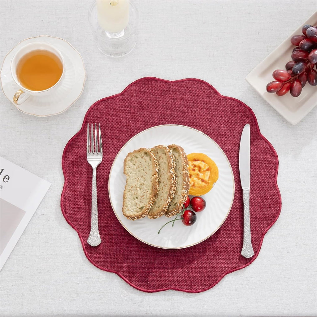Ileading Scalloped Round Placemats Set of 6 Polyester Linen Blend Washable Non Slip Place Mats Easy Clean Heat Resistant Table Mats for Kitchen Dining Table Decor