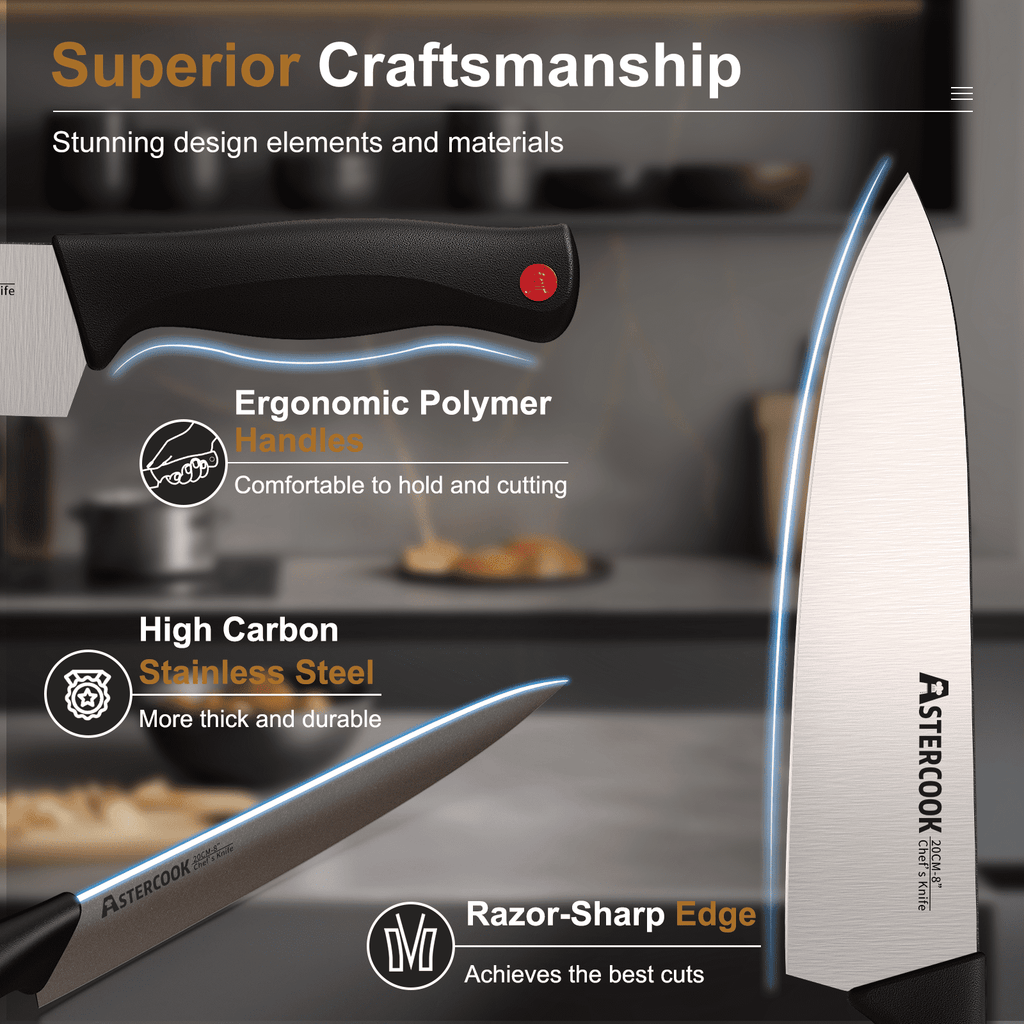 Astercook 15-Piece Kitchen Knife Set, Knives Block Set with Built-in Sharpener, Healthy Anti-Rust Coating & German Stainless Steel Knife Set, Dishwasher Safe Black