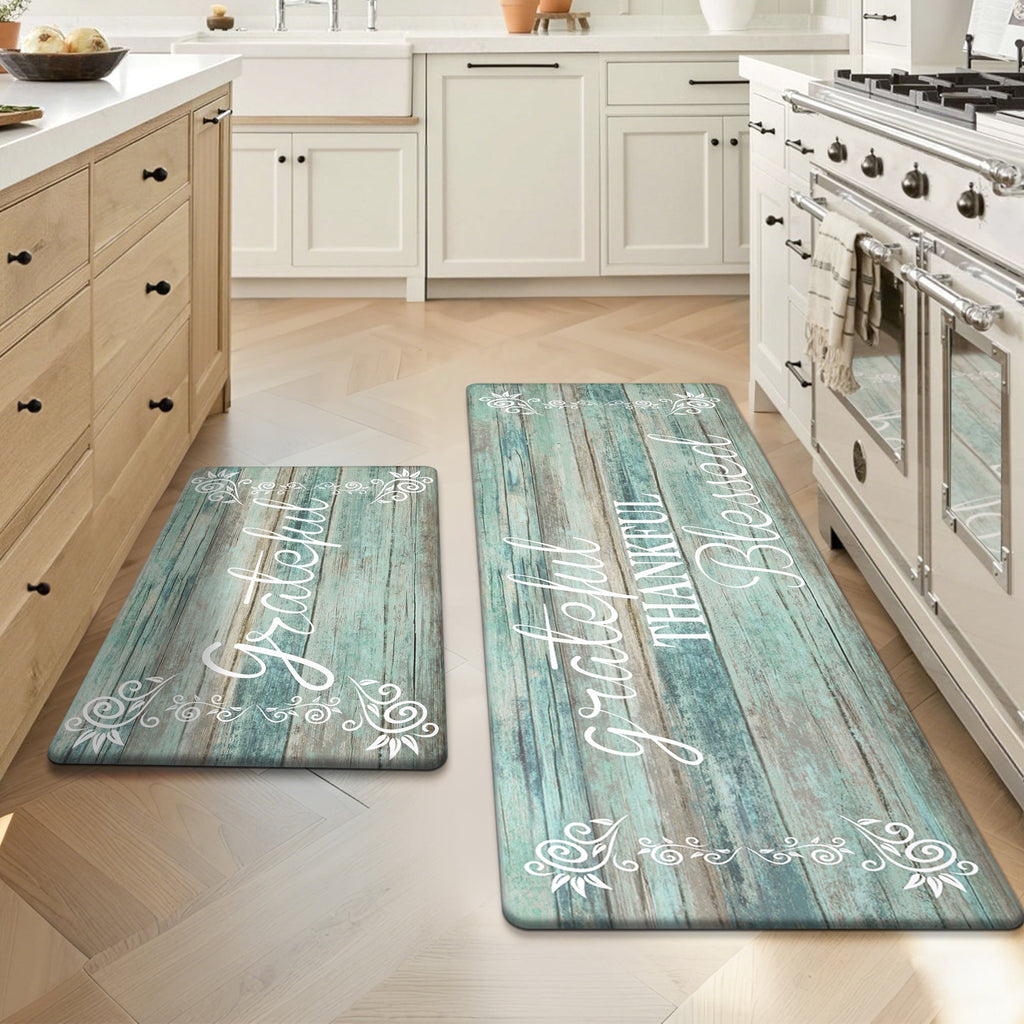 MeyJey Farmhouse Kitchen Rug Set of 2, Non-Slip Anti-Fatigue Waterproof Cushioned Mat for Kitchen, Dining & Laundry Room, 18"x30"+18"x48" Teal/Brown