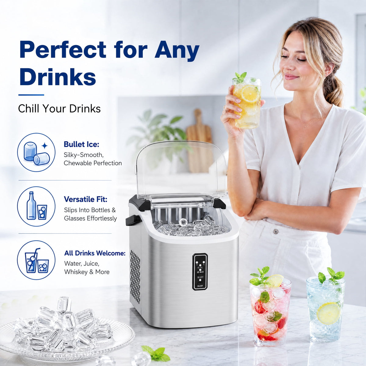 Snowyermine Countertop Ice Maker with Handle, 26 lbs/24H Portable Ice Machine, 2 Bullet Ice Sizes, 9 Cubes in 6 Minutes, Self-Cleaning for Home, Bar, RV and Camping