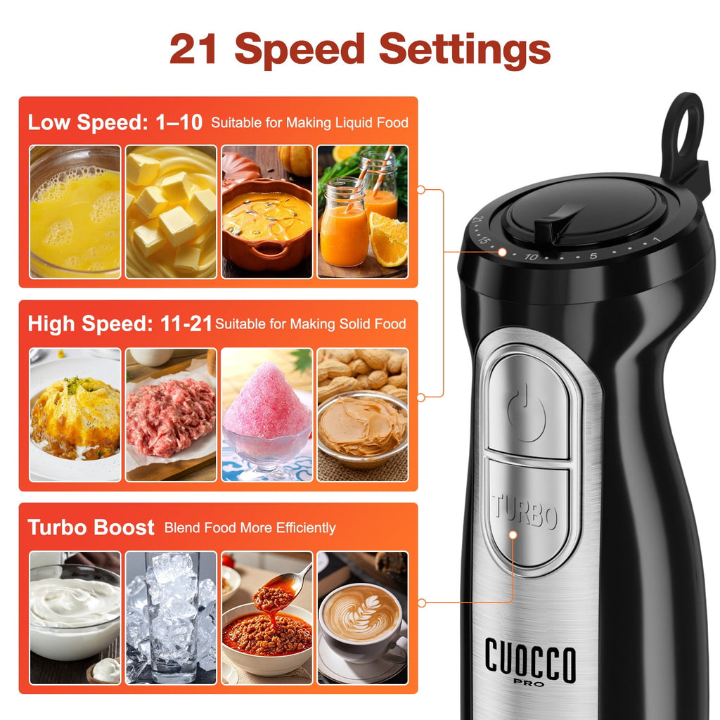 1100W Immersion Blender, 21-Speed Hand Blender with Turbo Mode, 5-in-1 Stick Blender for Smoothies, Baby Food, Soups, Purees, Black
