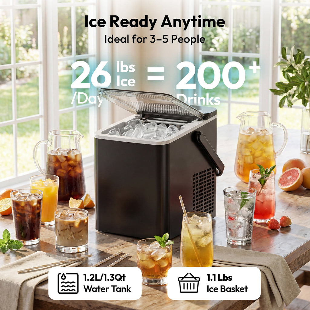 EUHOMY Countertop Ice Maker with Handle, 26 lbs/Day Portable Ice Machine, 9 Bullet Cubes in 6 Minutes, 2 Ice Sizes, Self-Cleaning, 1.1L Water Tank, Black