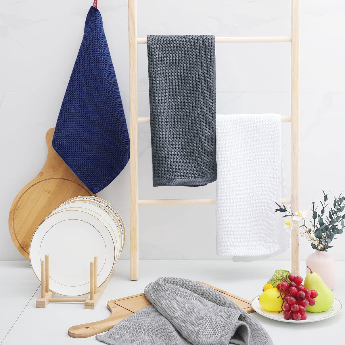 Smiry 100% Cotton Waffle Weave Kitchen Dish Towels, Ultra Soft Absorbent Quick Drying Cleaning Towel, 13x28 Inches, 4-Pack, Dark Grey